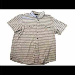 Carhartt Men White Grey Striped Loose Fit Short Sleeve Button-Up Shirt Size XL
